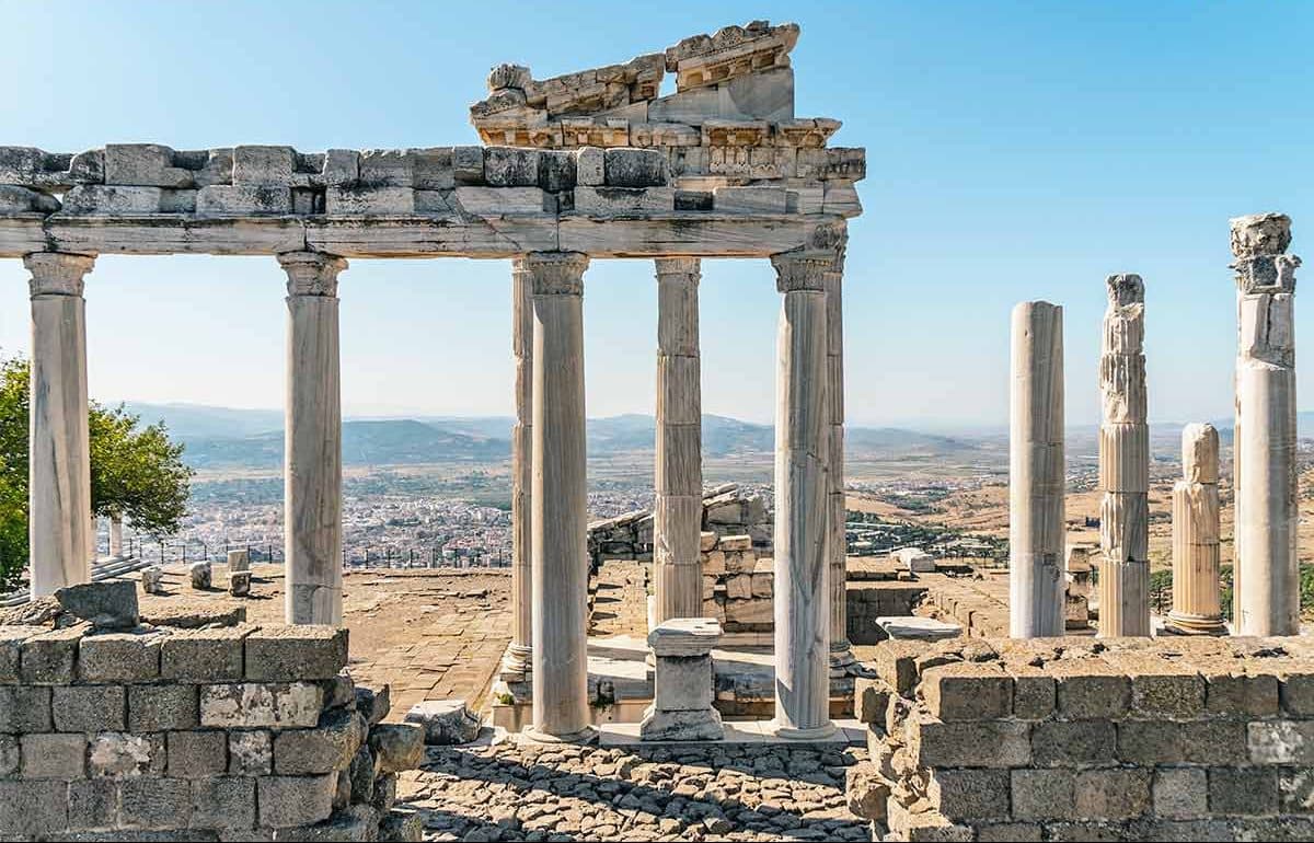 The ruins of the Pergamon Acropolis as they stand today, in Bergama, Turkey.